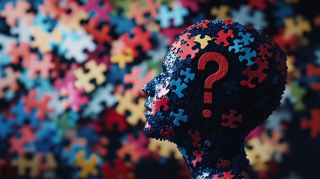 Person with puzzle piece on their head. Video of young girl playing puzzle with a human in a silhouette. Exploration of the shallow depth of field on national puzzle day. Someone wearing a lifestyle.