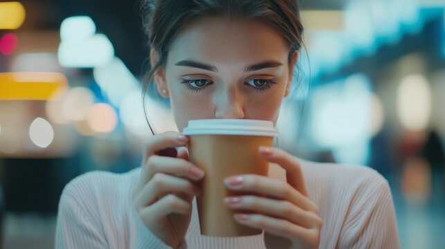 Woman holding coffee cup. Close-up of a female executive in slow motion close-up of a coffee. Smartphone of depth 16:9 field of shallow information. A woman carrying a coffee mug lifestyle. - Powered by Adobe