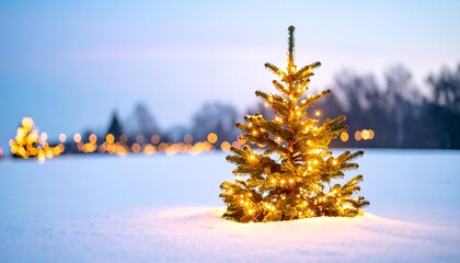 A small Christmas tree, adorned with warm golden lights, sits in a snowy landscape, bathed in the soft glow of twilight.