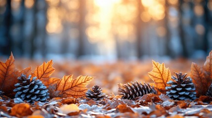 Autumn leaves and frosted pine cones lie on the forest floor. Perfect for seasonal backgrounds or promoting nature conservation.