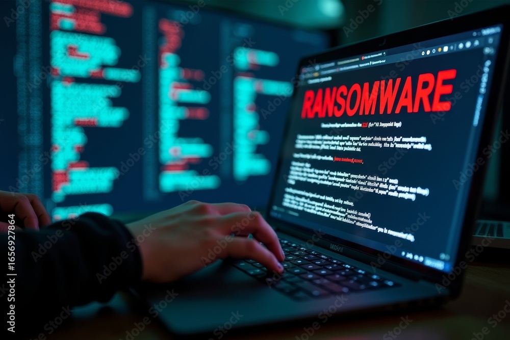 Poster hacker holding computer with ransomware message, encrypting digital files in the background