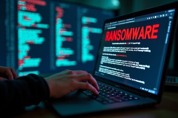 Hacker holding computer with ransomware message, encrypting digital files in the background