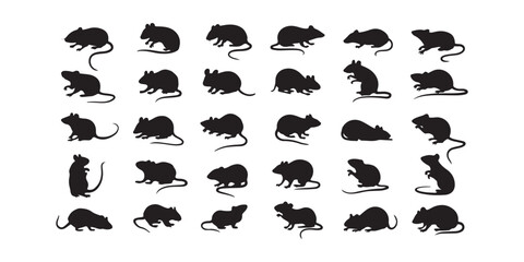 A collection of thirty black silhouette images of mice in various poses on a white background