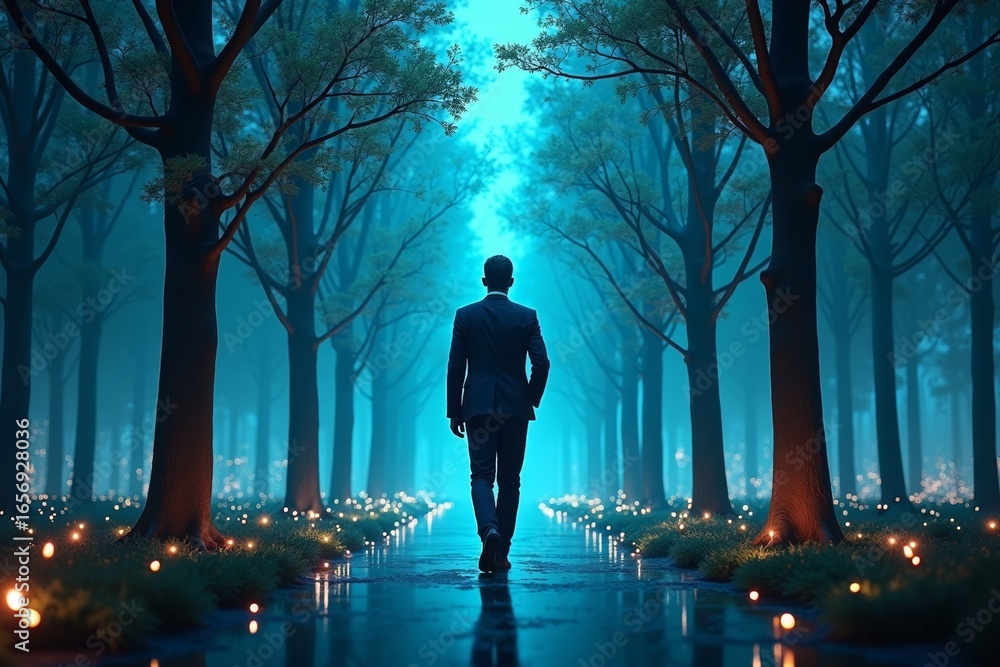 Poster a business executive navigating a virtual forest of data trees on a glowing business dashboard