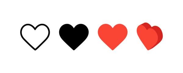 Four heart icons in various 3d flat styles for design projects