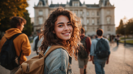 Fototapeta premium Group of young people with backpacks, smiling towards the camera in front of university building on campus. Woman is looking from behind her shoulder, carrying a canvas bag. University students.