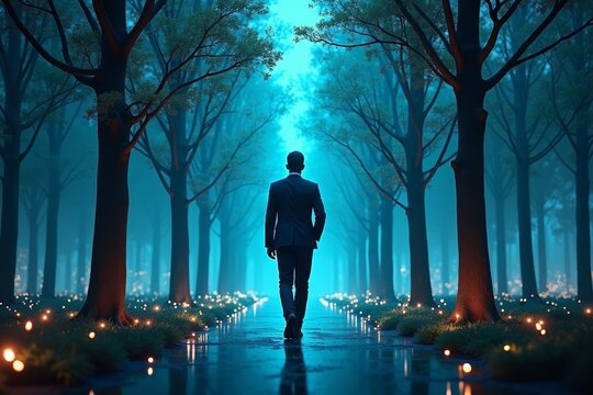 A Business Executive Navigating a Virtual Forest of Data Trees on a Glowing Business Dashboard - Powered by Adobe