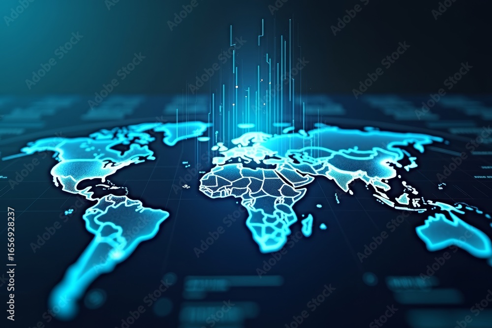 Poster visual of holographic kpi dashboard integrating data streams on digital world map