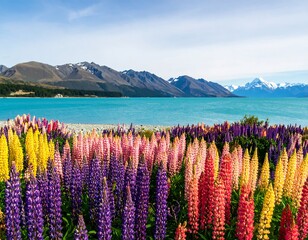 Colorful lupine flowers by a vibrant lake and mountains