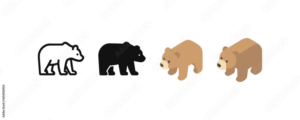 Poster isometric bear icons set in linear and filled styles for design projects