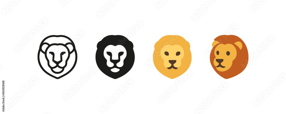 Poster lion head designs in minimalist and flat styles with various color schemes
