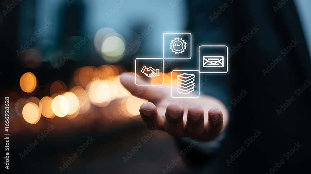 Poster hand displaying digital business service icons against bokeh background image