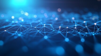 Blue abstract background with lines and dots. Computer video and real time data interfaces on a grid. A wide angle of a wide field of view of business data technologies at the field. Lifestyle.