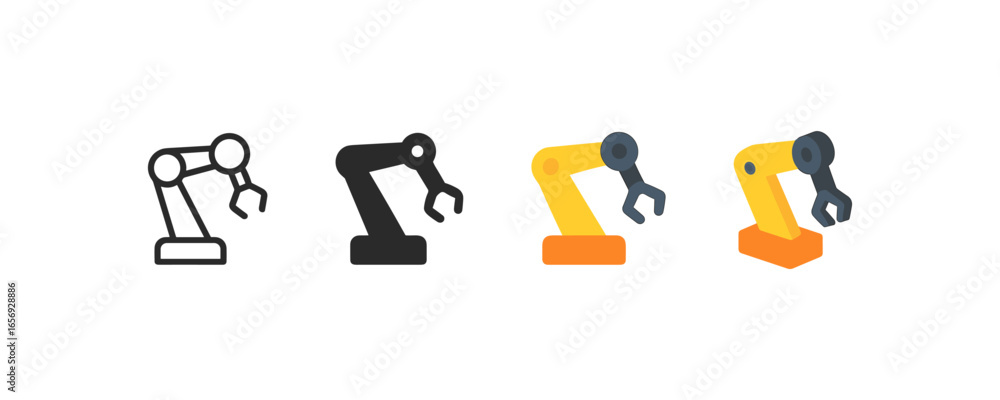 Poster icon set of robotic arms in various styles for technology and automation themes