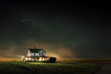 meteor shower visible over rural farmhouse