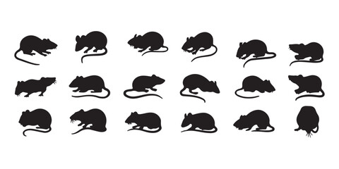 Collection of twenty silhouette illustrations of rats in various poses on a white background