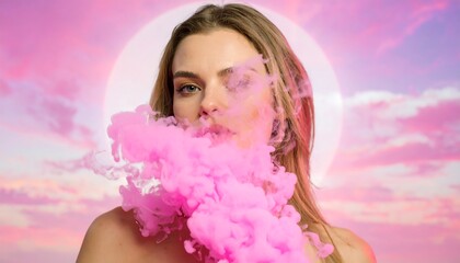 A woman with light blonde hair exhales vibrant pink smoke, creating a captivating and dreamlike atmosphere against a backdrop of soft pink hues.