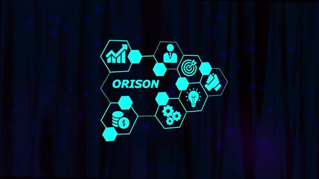 Business growth strategy icons connecting to O R I S O N concept with finance success and innovation elements animated on dark tech background