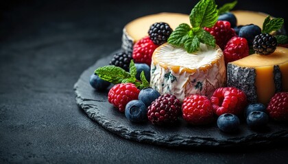Assorted cheeses are paired with fresh berries and mint on slate plate. Use for illustrating healthy food, party platters or gourmet cheese shops.