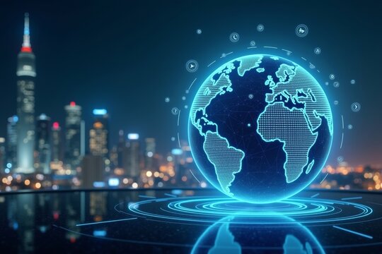 Title: Contemporary Cityscape Backdrop Enhances Real-Time Marketing Data in Futuristic Holographic Globe Display.