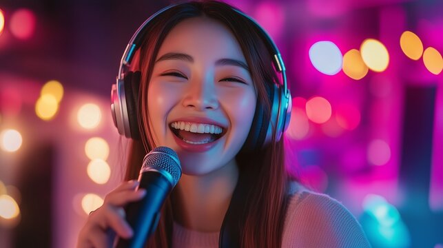 Woman singing into microphone. Realistic video of woman singing a song. Influencers and bloggers are a great way to get your music into your headphone. A woman vocalizing into a lifestyle microphone.
