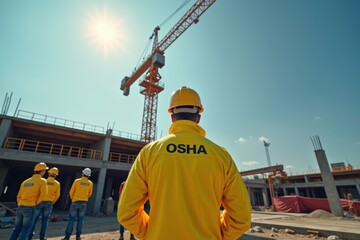 Overhead Perspective: OSHA Inspector in Vibrant Yellow Hazmat Suit Ensuring Safety Measures at Construction Site, Workers Gaze in Wonder as Crane Positions Beams.
