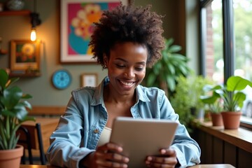 Title: Cultural Diversity in a Cozy Café: An African American Woman Engrossed in Online News on a Stylish Tablet