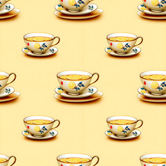 Fototapeta premium Vintage tea cup with lemon slice seamless pattern on warm yellow background, cozy retro winter drink