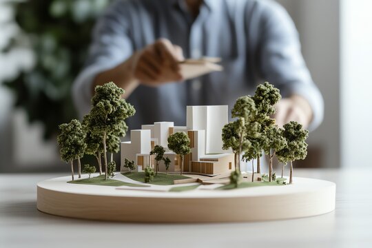 Architect designs urban model with trees, showcasing sustainable city planning and innovative architectural concepts. - Powered by Adobe