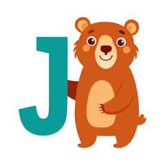 Playful Bear Character with Big Alphabet J, Cute Cartoon Animal Illustration, Kids Learning, Educational, Fun Vector Art for Children