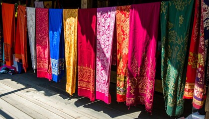 Colorful patterned fabrics drying outdoors