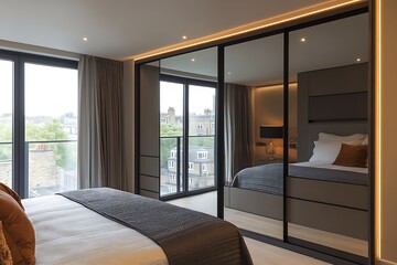 A custom wall-to-wall wardrobe with sliding mirrored doors and integrated LED lighting 