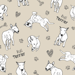 Sketch-style bull terriers in various poses on beige background. Ink-like detailed drawing with subtle hearts, bones, paw prints.