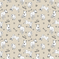 Realistic sketched bull terriers in clumsy playful poses. Beige background with subtle bone, heart, paw print textures.