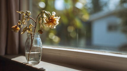 A vase with wilted flowers on a windowsill &mdash; a quiet domestic scene, theme of fading and nostalgia in home d&eacute;cor.
