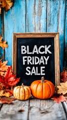 Black Friday sale chalkboard with pumpkins autumn leaves shopping design