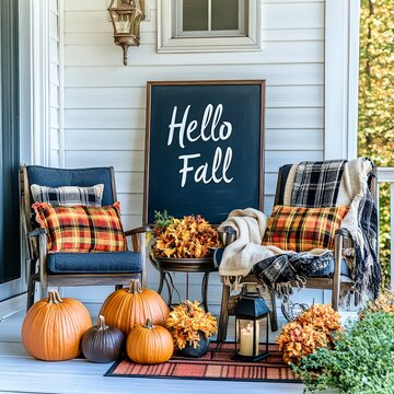 Autumn porch pumpkins decor with hello fall rustic seasonal design