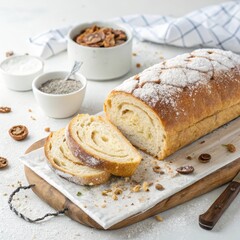 Obraz premium Sliced sweet bread with powder sugar on wood board, nuts and toppings