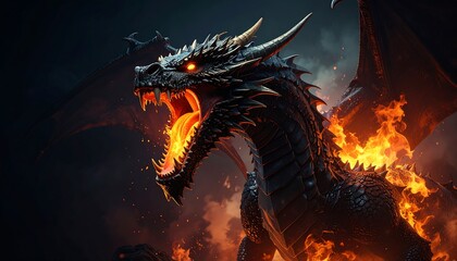 Fierce dragon with blazing wings and fiery breath.