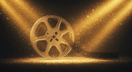 Obraz premium Elegant golden film reel shines with vintage charm, perfect for cinema history or movie night promotions
