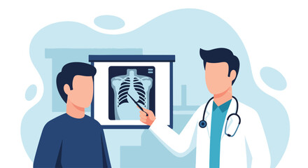 Adobe Illustrator Artwork Professional flat vector illustration of a doctor explaining an X-ray to a patient in a clinic room. Ideal for medical consultation, diagnosis, and patient education