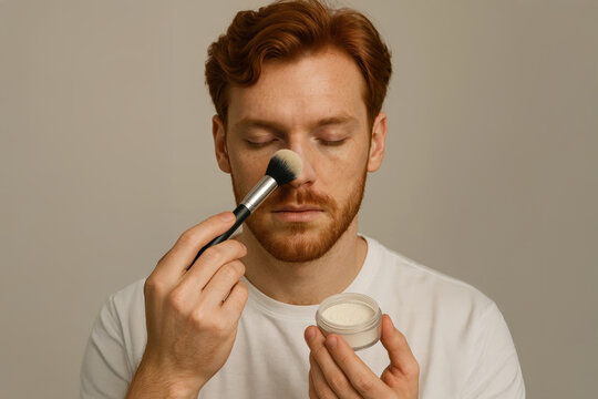 Red-haired man applying setting powder with makeup brush on nose, promoting modern male grooming and self-care in minimal beige background setting.