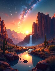 Desert sunrise with waterfall and shooting stars