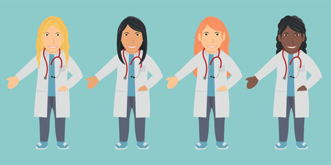 Female Doctor, Nurse or Veterinarian Character. Blonde, Black and Red Hairs, White, Brown and Black Skins, Wearing a White Doctor's Coat.