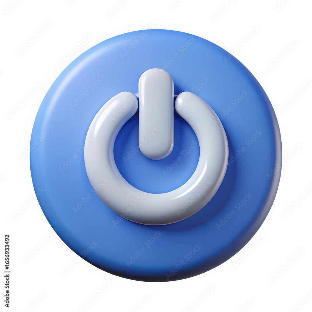 Poster 3d render of a blue power button icon with white highlights for general use