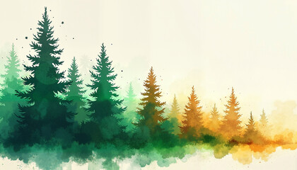 Fototapeta premium Vibrant watercolor forest landscape with green and orange hues 