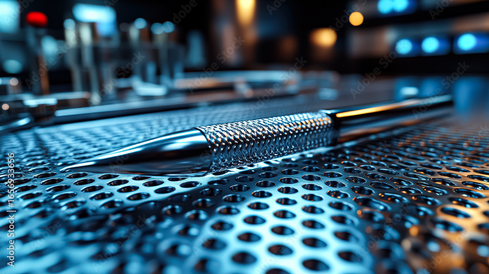 Poster a shiny metallic pen is positioned on a textured perforated surface, highlighting its design and cra