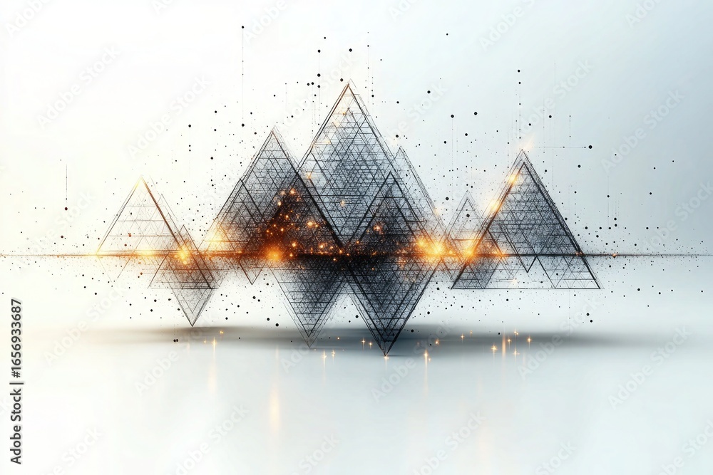 Poster wireframe pyramids with orange glowing light in the middle and dots around. use as a technology, sci