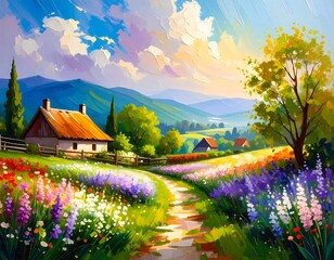 Colorful rural landscape painting
