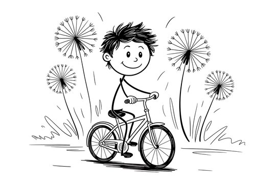 A cheerful stick figure boy rides a bicycle amidst dandelions on a summer day representing carefree joy and outdoor fun